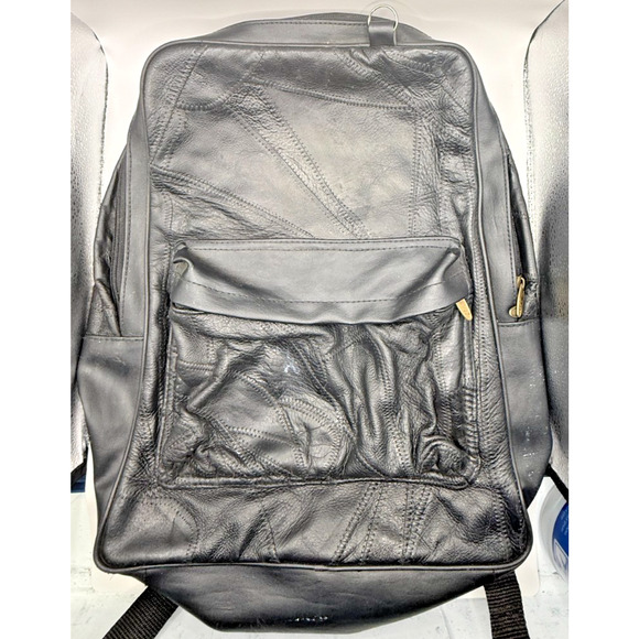 Vintage Patchwork Leather Backpack – Classic Black Travel Bag with Unique Style - Picture 1 of 9